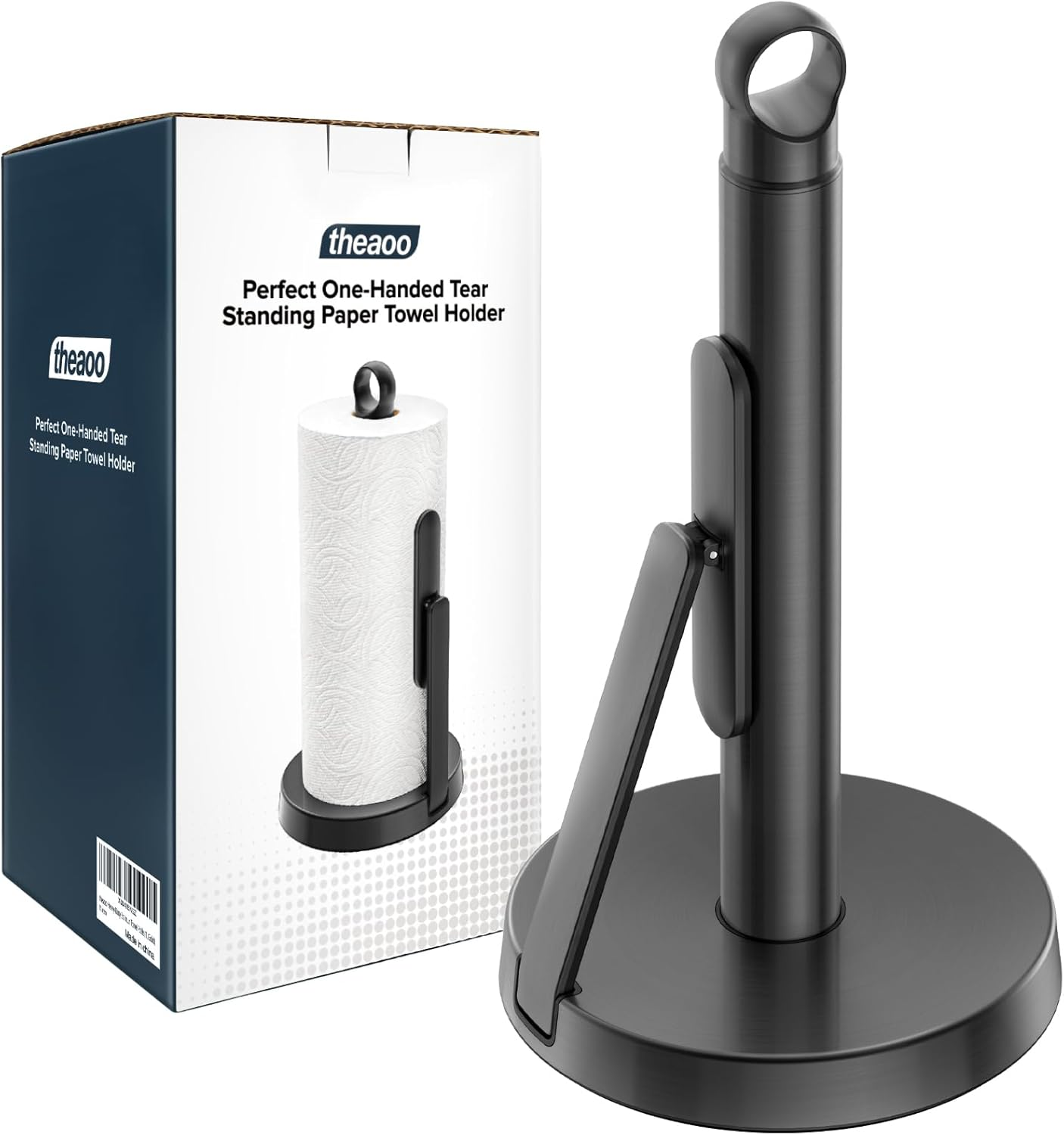 Heavy-Duty Stainless Steel Paper Towel Holder with Tension Arm – Easy One-Handed Tear, Modern Standing Countertop Dispenser for Kitchen, Holds All Paper Towel Rolls (1, Black)