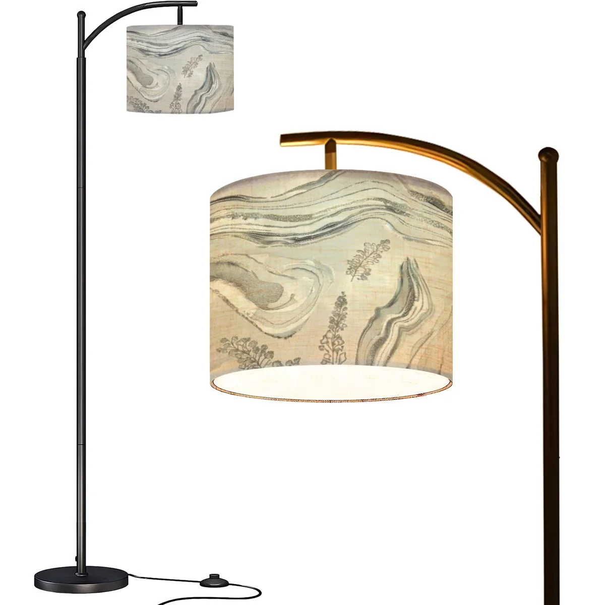 Arc Floor Lamps Hand Watercolour Silver Glittery Elements Modern LED Adjustable Lampshade Standing Light for Living Room Reading Bedroom Office