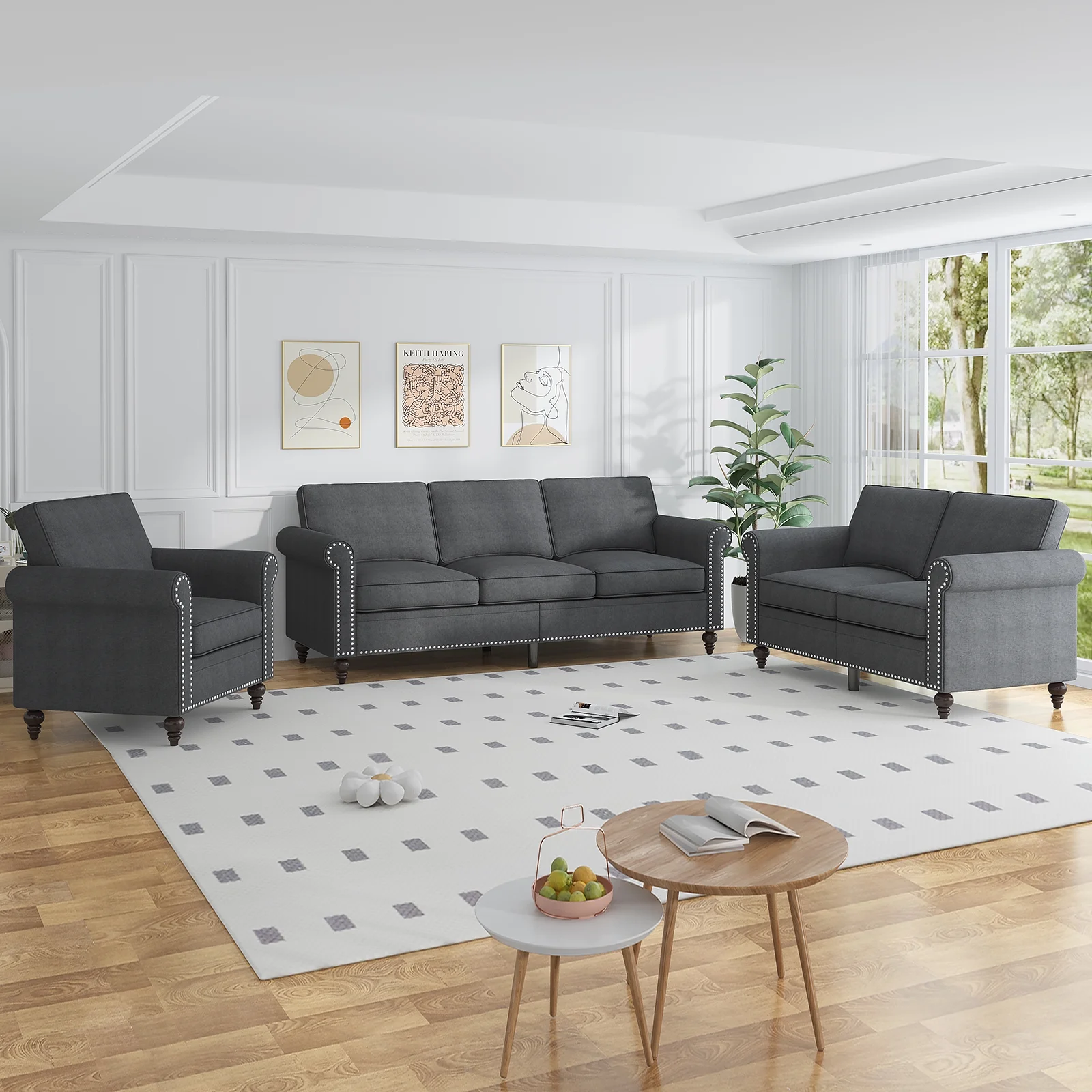 3 Piece Living Room Sofa Set, 3 Seat Sofa + Loveseat + Armchair, Couches Sets with Solid Wood Frame for Living Room - Dark Gray