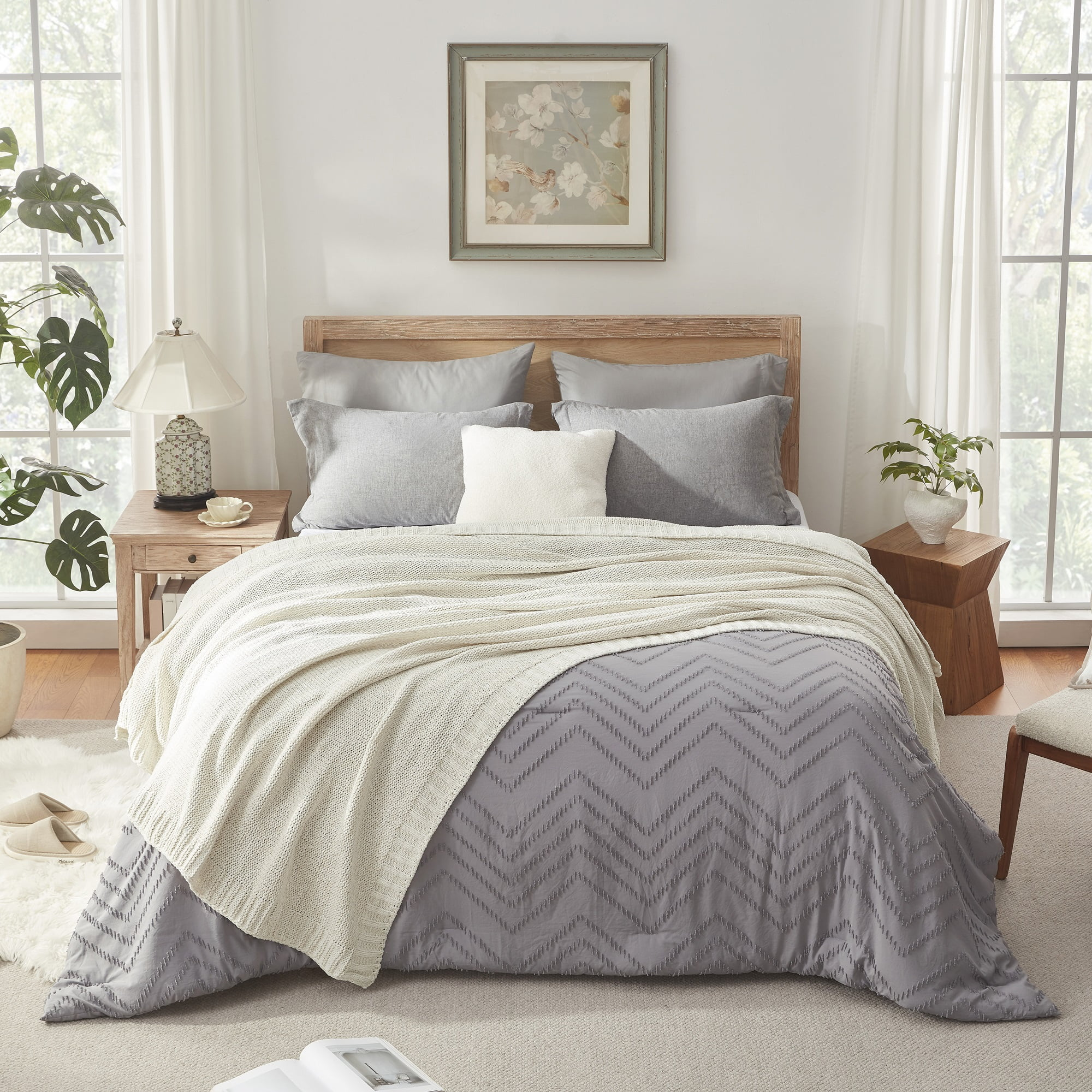 Chenille Sweater Knit Throw Blanket for Bed Sofa Cream Ivory, Warm Soft (Queen 90X90)