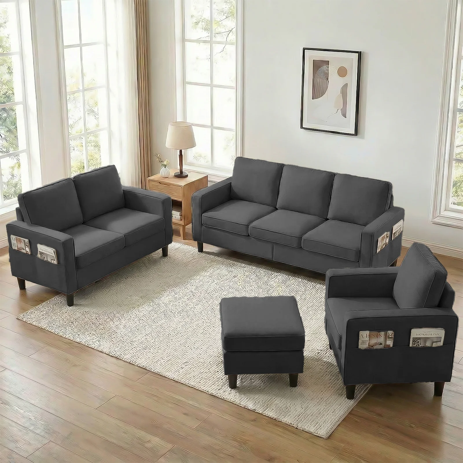 3 Piece Living Room Furniture Sets,L Shaped Sectional Sofa Set with Storage Ottoman,Modern Linen Fabric Couch for Apartment,Dark Gray