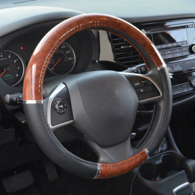 Black Wood Steering Wheel Cover Car Auto Lux Grip Beige Syn Leather Accessories