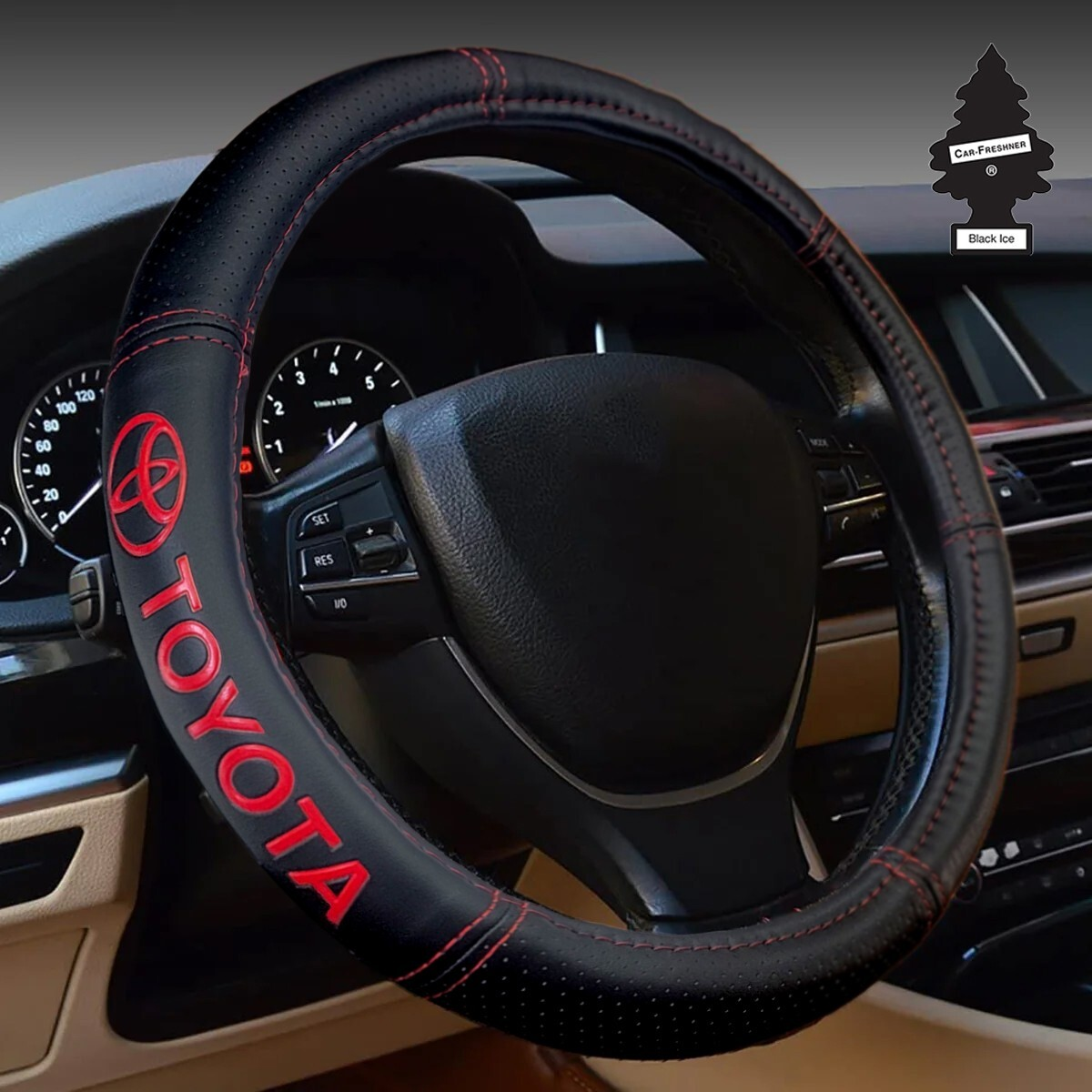 Car Truck Steering Wheel Cover Premium Faux Leather 14.5"-15" for Toyota Bundle