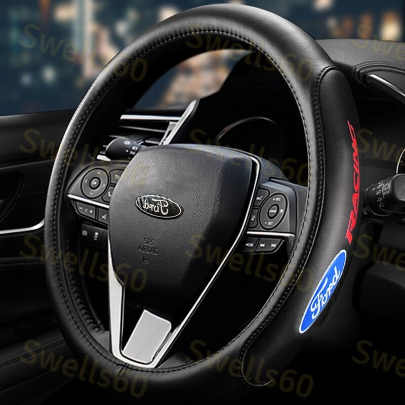 Black 15" Diameter Car Auto Steering Wheel Cover Genuine Leather for FORD New X1