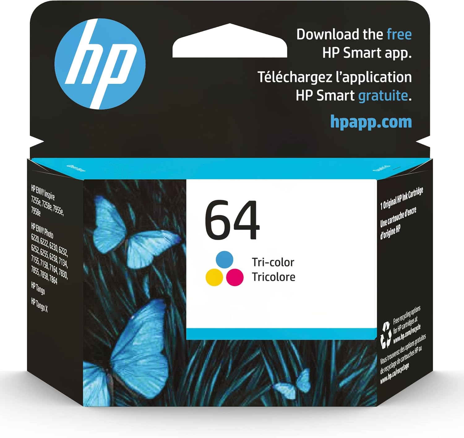 64 Tri-Color Ink Cartridge | Works with Envy Inspire 7950E; Envy Photo 6200, 7100, 7800; Tango Series | Eligible for Instant Ink | N9J89AN