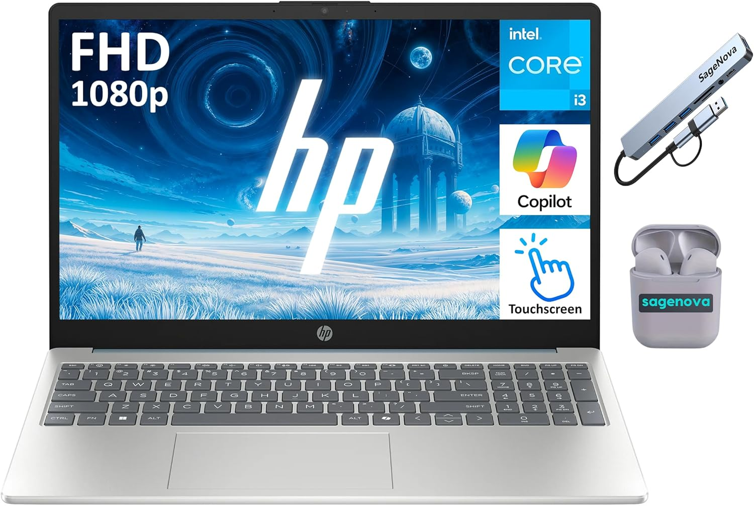 15.6" FHD Touchscreen Laptop, 16GB RAM, 512GB Storage (256GB SSD+256GB Docking Station Set), Intel Core I3-N305 (8-Core), Windows 11 with Copilot AI, Sagenova Earphones, Moonlight Blue