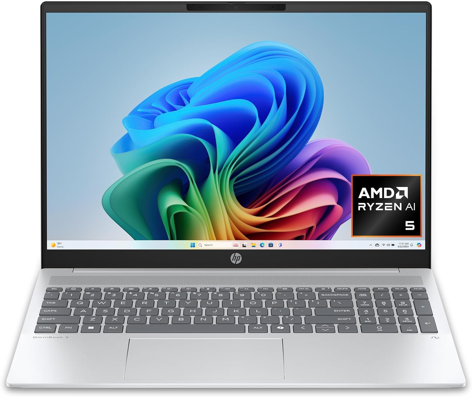 Omnibook 5 16 Inch Next Gen AI PC, 2K Display, AMD Ryzen 5 340, 16 GB RAM, 512 GB SSD, Radeon 840M Graphics, Windows 11 Home, with 50 Tops NPU, Glacier Silver, 16-Ag1000Nr