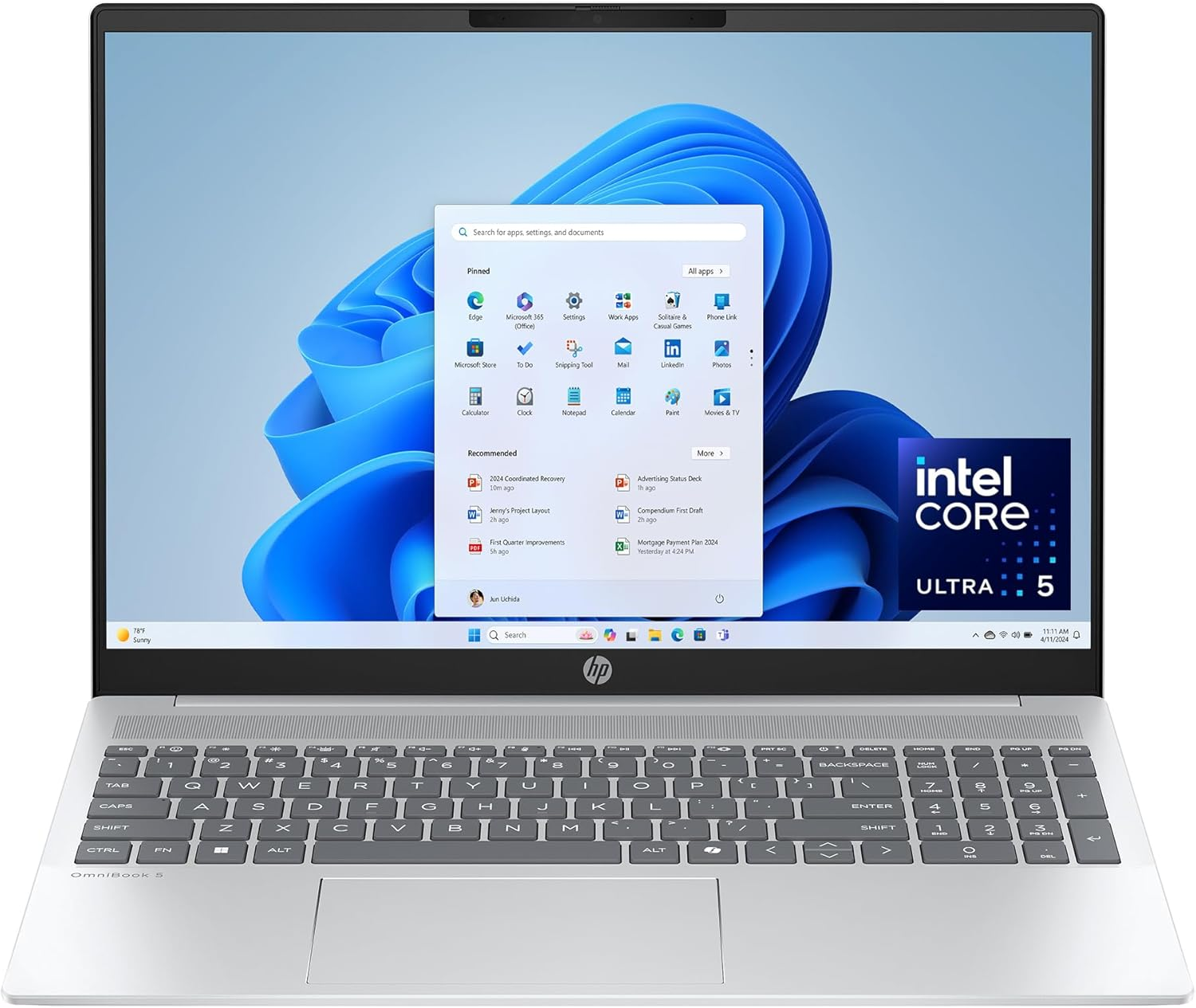 Omnibook 5 16 Inch AI PC, 2K Touchscreen Display, Intel Core Ultra 5 225U, 16 GB RAM, 512 GB SSD, Intel Graphics, Windows 11 Home, Glacier Silver, 16-Af1700Nr