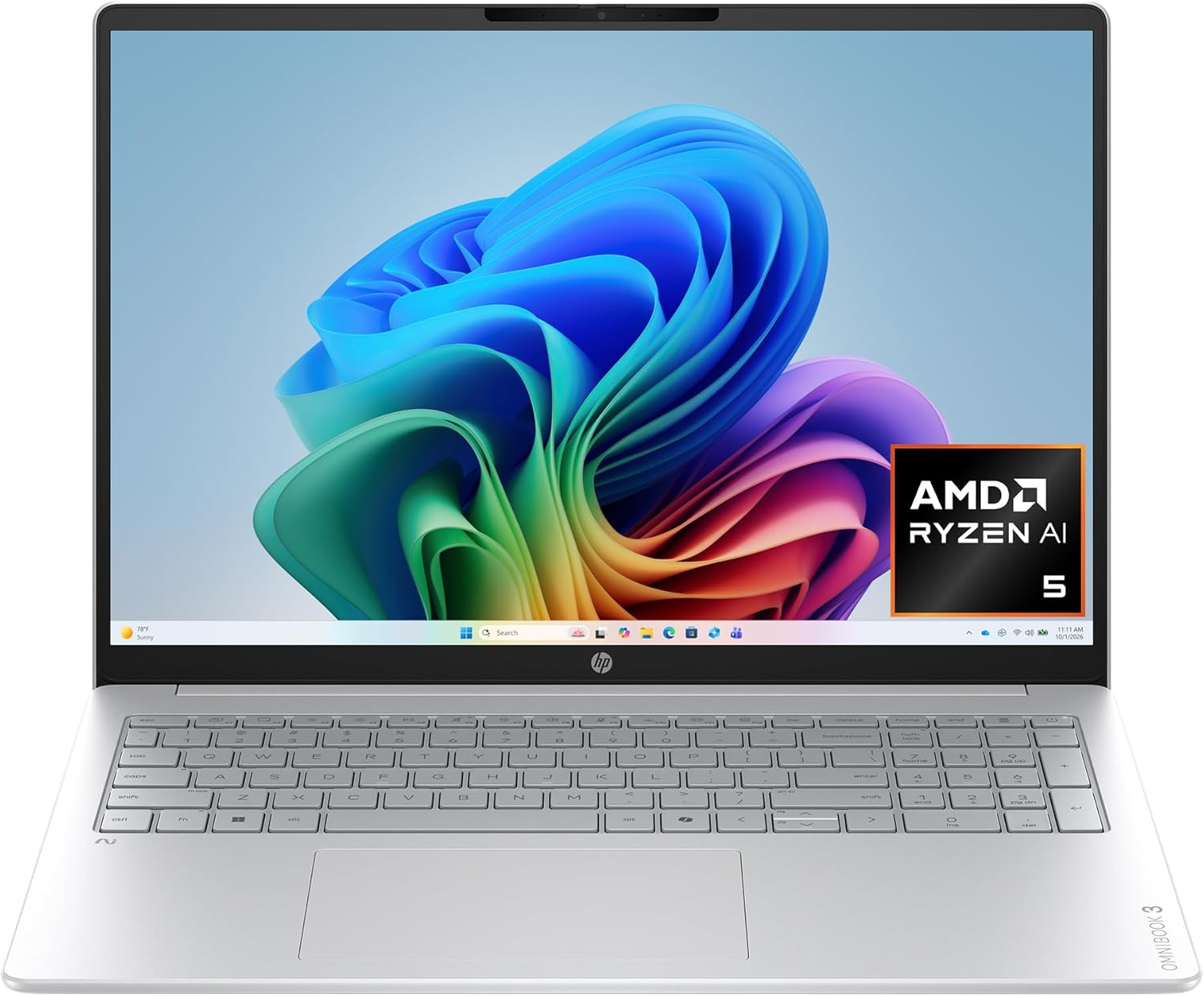 Omnibook 3 16 Inch Next Gen AI PC, 2K Touchscreen, AMD Ryzen AI 5 430, 16 GB RAM, 512 GB SSD, AMD Radeon 840M GPU, Windows 11 Home, Glacier Silver, 16-Bv0099Nr