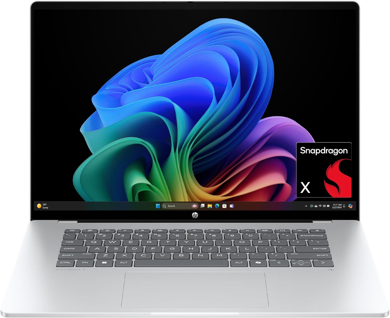 Omnibook 5 16 Inch Next Gen AI PC, 2K Display, Snapdragon X X1-26-100, 16 GB RAM, 512 GB SSD, Qualcomm Adreno GPU, Windows 11 Home, Glacier Silver, 16-Fb0299Nr