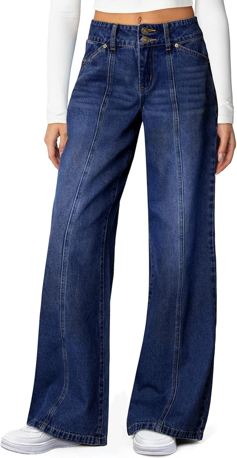 Women'S Wide Leg Jeans High Waisted Stretchy Straight Leg Jeans Trendy Seamed Front Loose Denim Pants