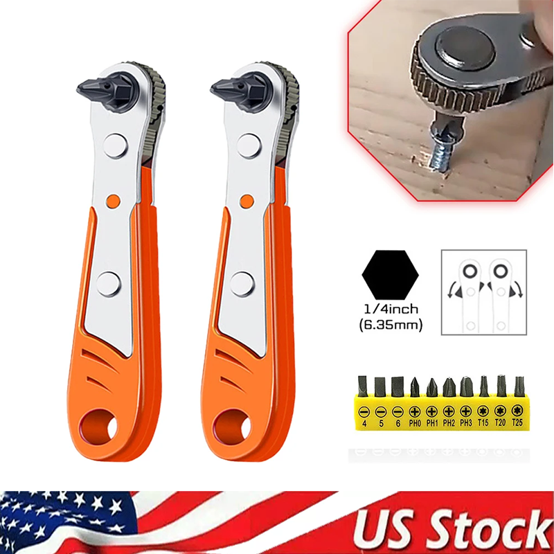 Ratcheting Right Angle Screwdriver Hex Drive 90 Degree Offset + 10Pc Bits Set!
