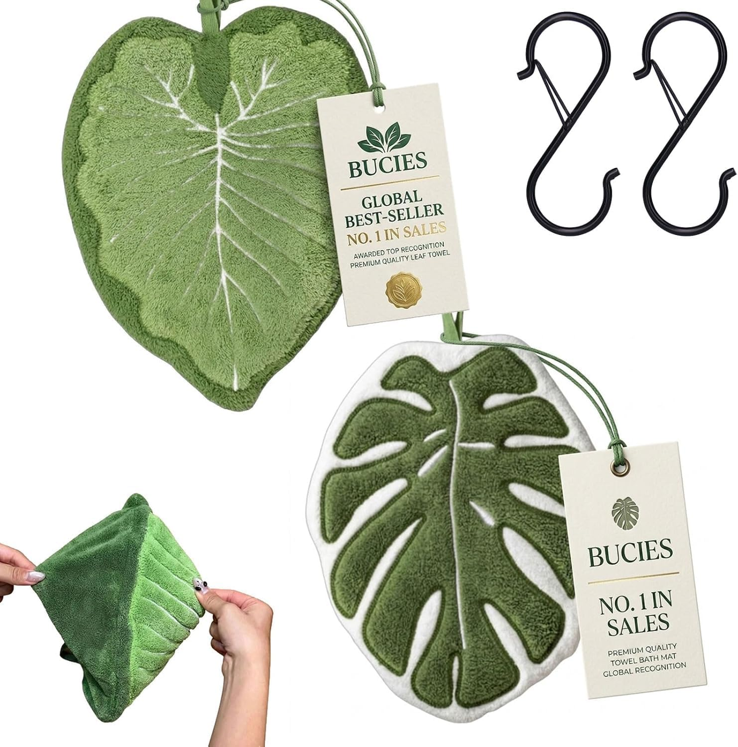 Cute Kitchen Towels, Leaf Shaped Hand Towel with Hanging Loop, Absorbent Lint-Free Coral Fleece Hanging Kitchen Towels for Bathroom Home Plant Decor. (Green)