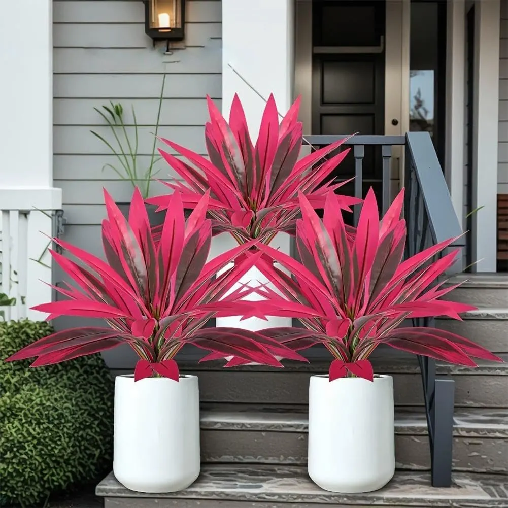 3PCS Large Realistic Artificial Boston Fern & Dragon'S Blood Tree Plants with Vibrant Pink Purple Leaves, UV Resistant Outdoor Fake Ferns for Patio Garden Balcony Wedding Decor Home Faux Foliage