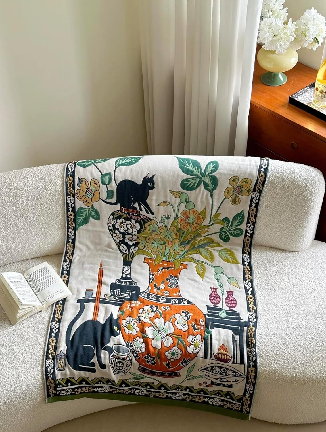 Black Cat Decorative Art Throw Blanket Vintage Floral Cotton Woven, Double-Sided Decorative Couch Sofa Blanket, Gothic Style Home Decor, 32X63 Inches, Cat Lovers,