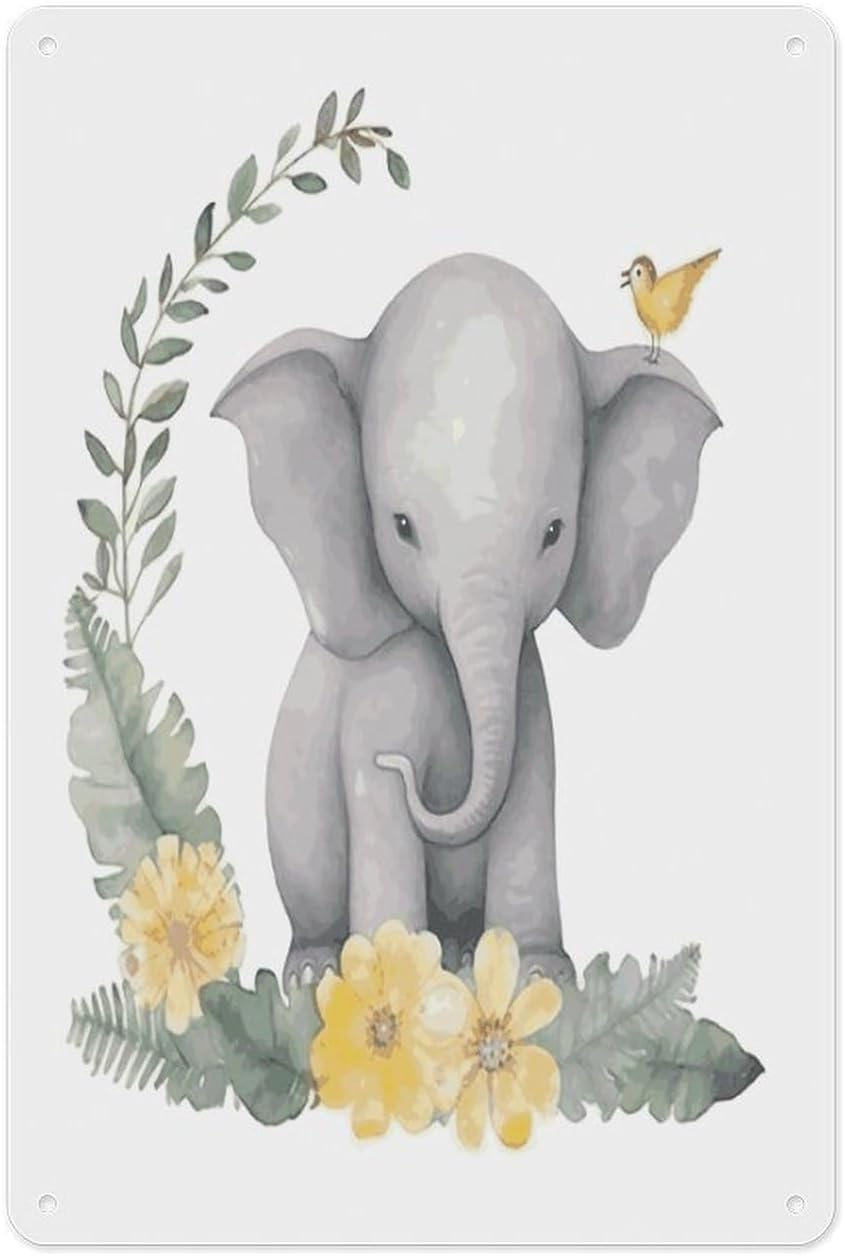 Cute Elephant with Wreath and Little Duck Yard Signs Wall Hanging Decor, Tin Signs Aluminum Indoor,Posters Art 7.9 X 11.8 Inch for Garage, Man Cave, Basement, Home Bar