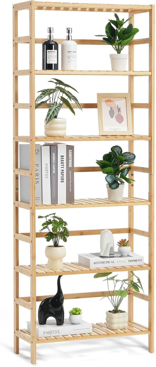 6-Tier Bamboo Shelf, Open Wood Bookshelf, Display Storage Rack Organizer, Freestanding Flower Plant Stand, Multifunctional Bamboo Bookshelf Ideal for Bathroom, Bedroom, Office, Study, Natural