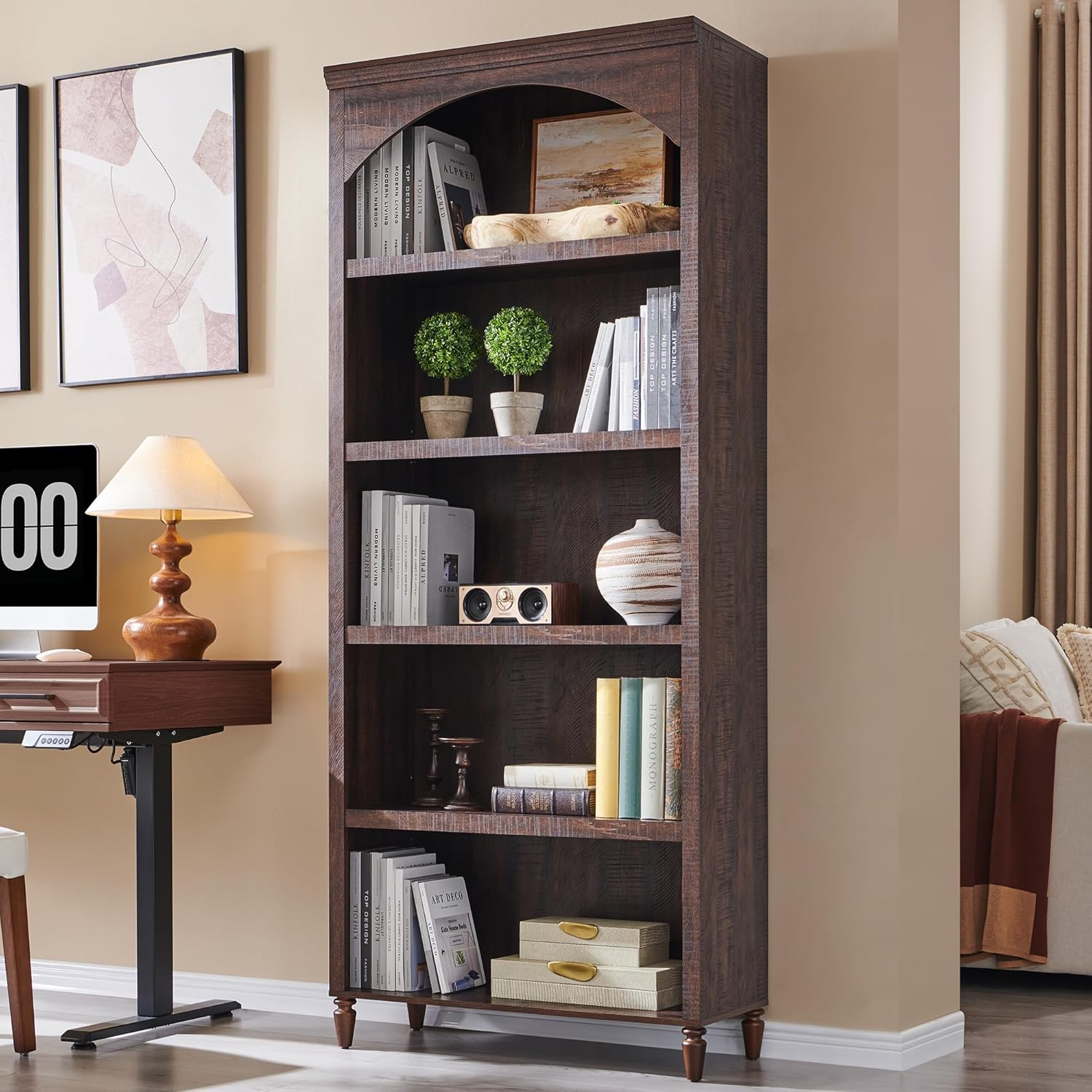 76" Tall Arched Bookcase, Farmhouse 5 Tiers Large Arched Bookshelf Cabinet with Adjustable Shelves, Modern Wooden Book Shelf W/Storage and Open Display Shelves for Living Room, Office-Brown