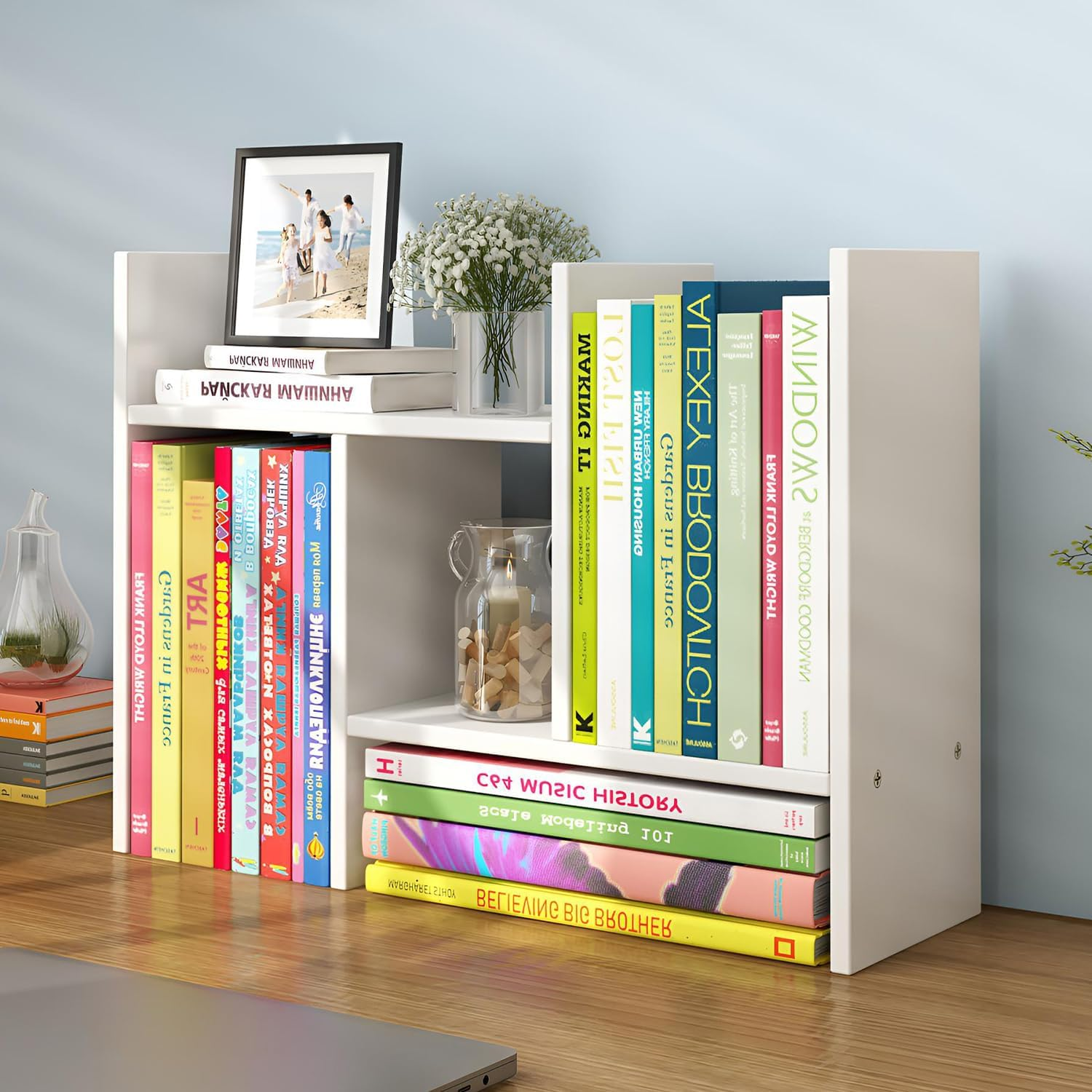 Wood Adjustable 5-Shelf Desktop Bookshelf, Expandable Office Storage Rack, White