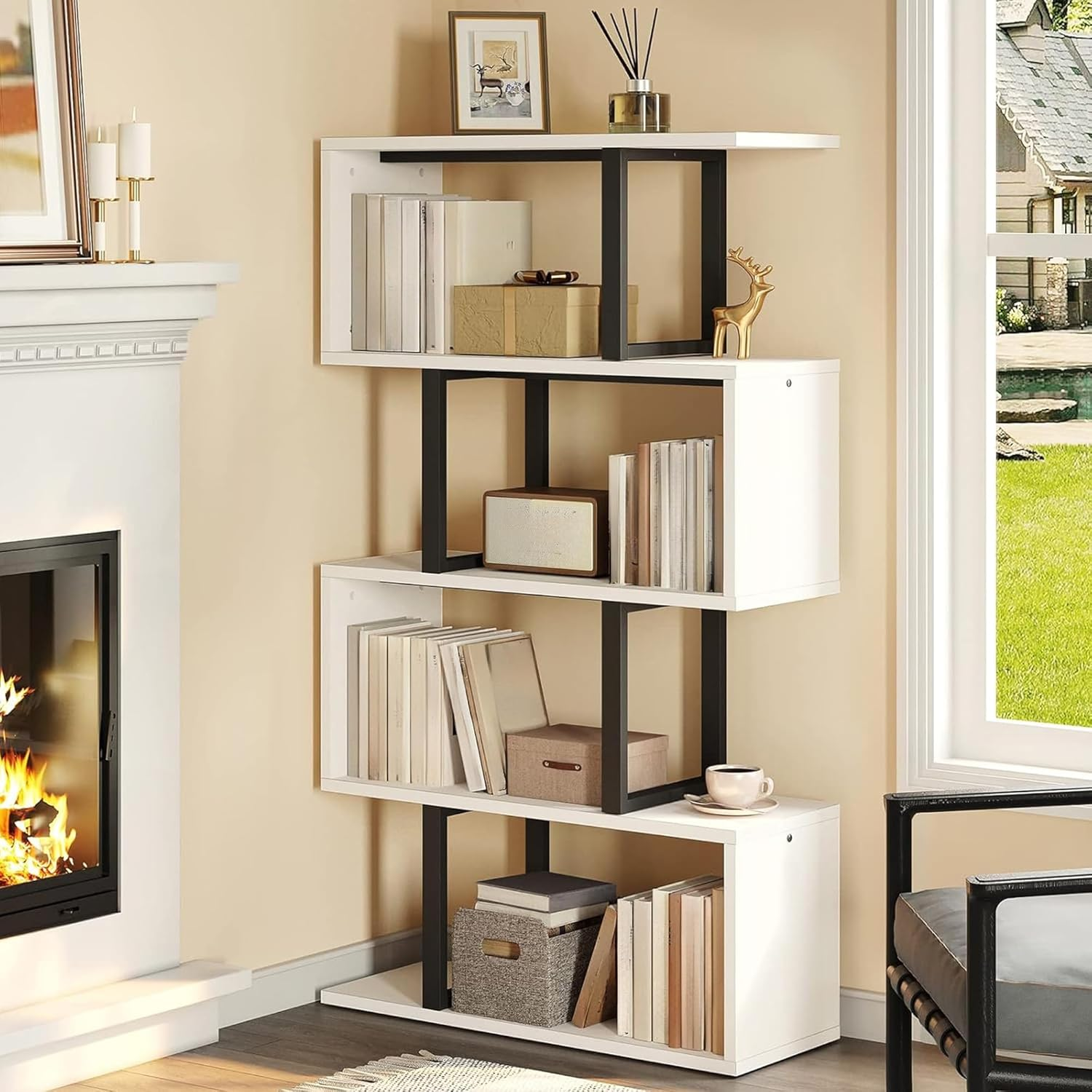 5-Tier Bookshelf, S-Shaped Z-Shelf Bookshelves and Bookcase, Modern Freestanding Multifunctional Decorative Storage Shelving for Living Room Home Office, Cream White