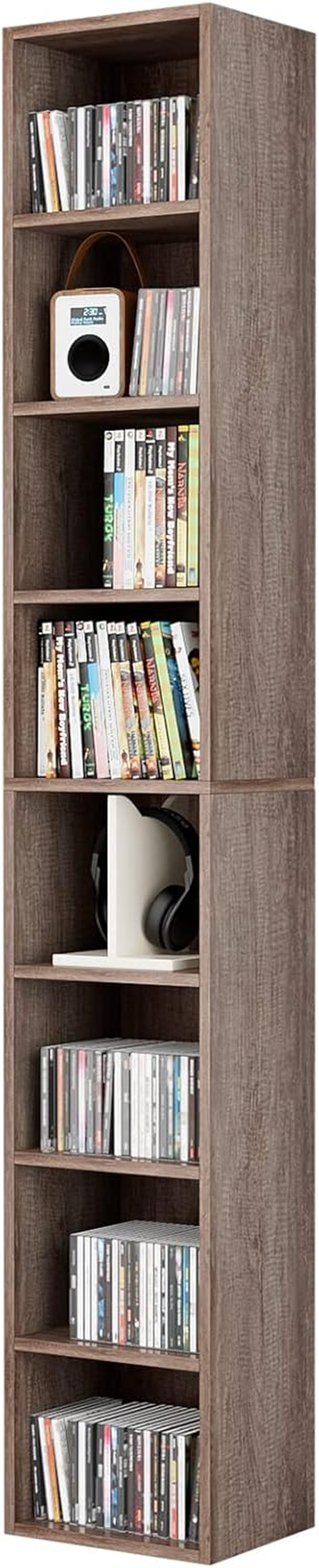 8-Tier Media Tower Rack, CD DVD Storage Organizer Cabinet with Adjustable Shelves, 11.6 X 9.3 X 70.9 Inches Slim Wood Look Bookshelf Display Bookcase for Home Office, Oak