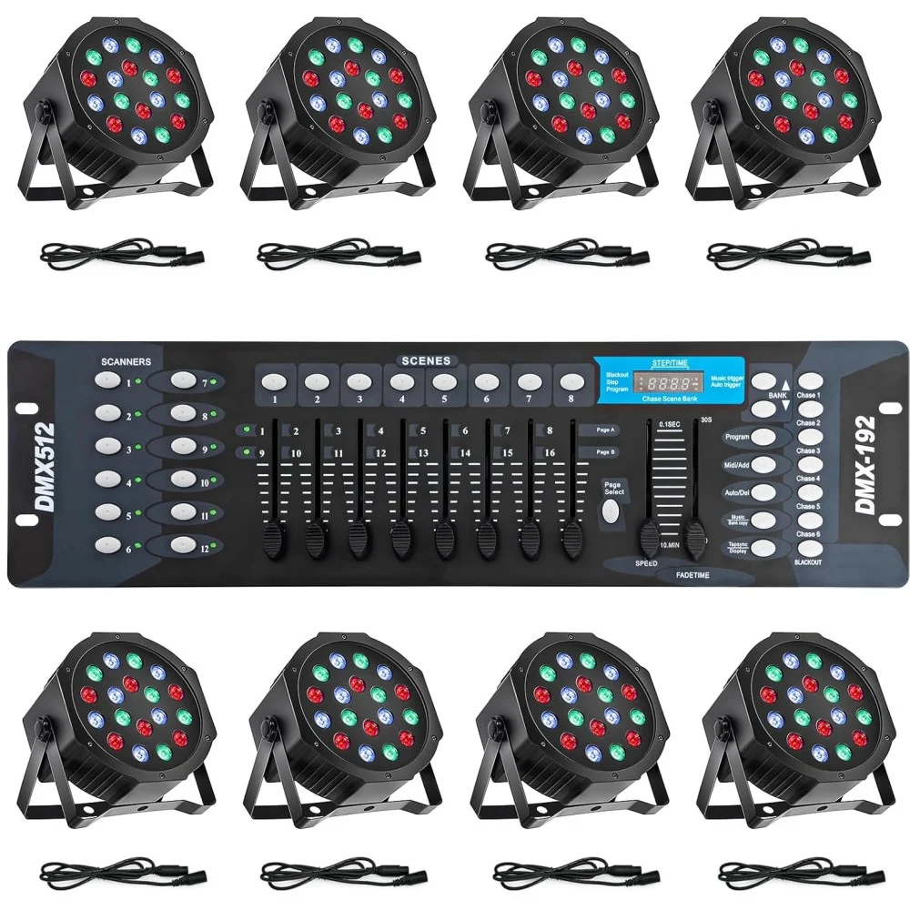 LED Stage Lights with DMX Control, 8 Pack 18X3 W RGB Par Lights, Versatile DJ Light with Sound Activated for Stage Uplighting, Party Events, Dance, Clubs,Music Shows,Wedding
